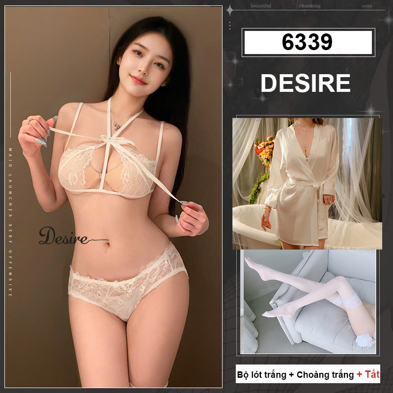 Desire Store, Bộ đồ lót ren cột dây xuyên thấu DESIRE VN-6339 - Nội y Trắng + Choàng Trắng + Tất T-003 image 18 of 18