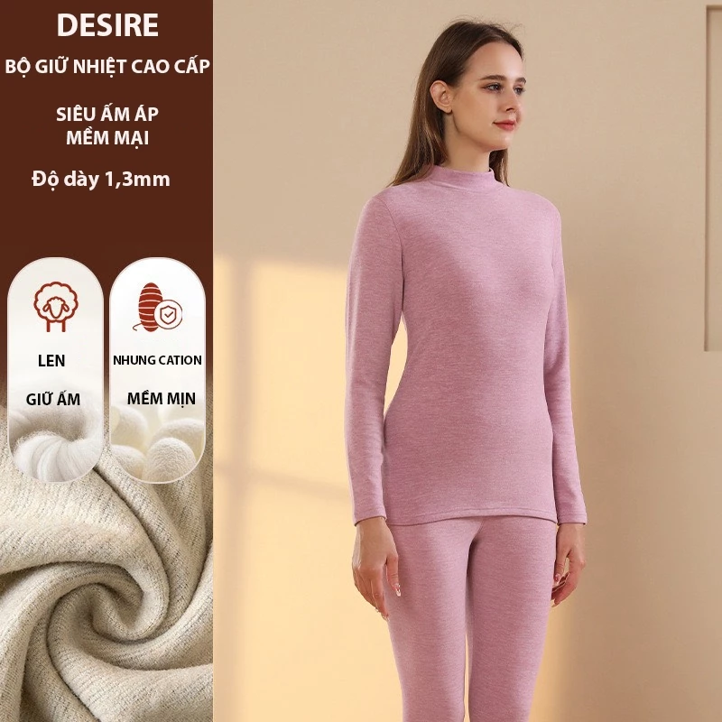 Desire Store, Đồ bộ giữ nhiệt nữ giới mùa đông siêu nhẹ ấm áp vải Nhung lót Len Cashmere không đường viền AGN-002 - Màu hồng dày cổ cao, 3XL (70-80 KG) image 23 of 23