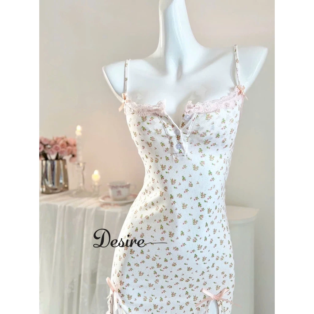 Desire Store, Váy Ngủ Hai Dây Hoa Nhí Phong Cách Sexy Girl - Đầm Ngủ Thun Gân Co Giãn Ôm Body Phối Nơ DESIRE C121 image 8 of 11