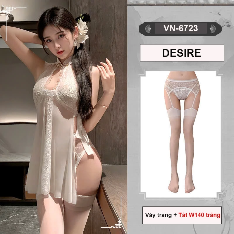 Desire Store, Váy ngủ Ren xuyên thấu phong cách Trung Hoa gợi cảm sexy DESIRE VN-6723 - Váy trắng+Tất W140, Freesize (45-60kg) image 15 of 16