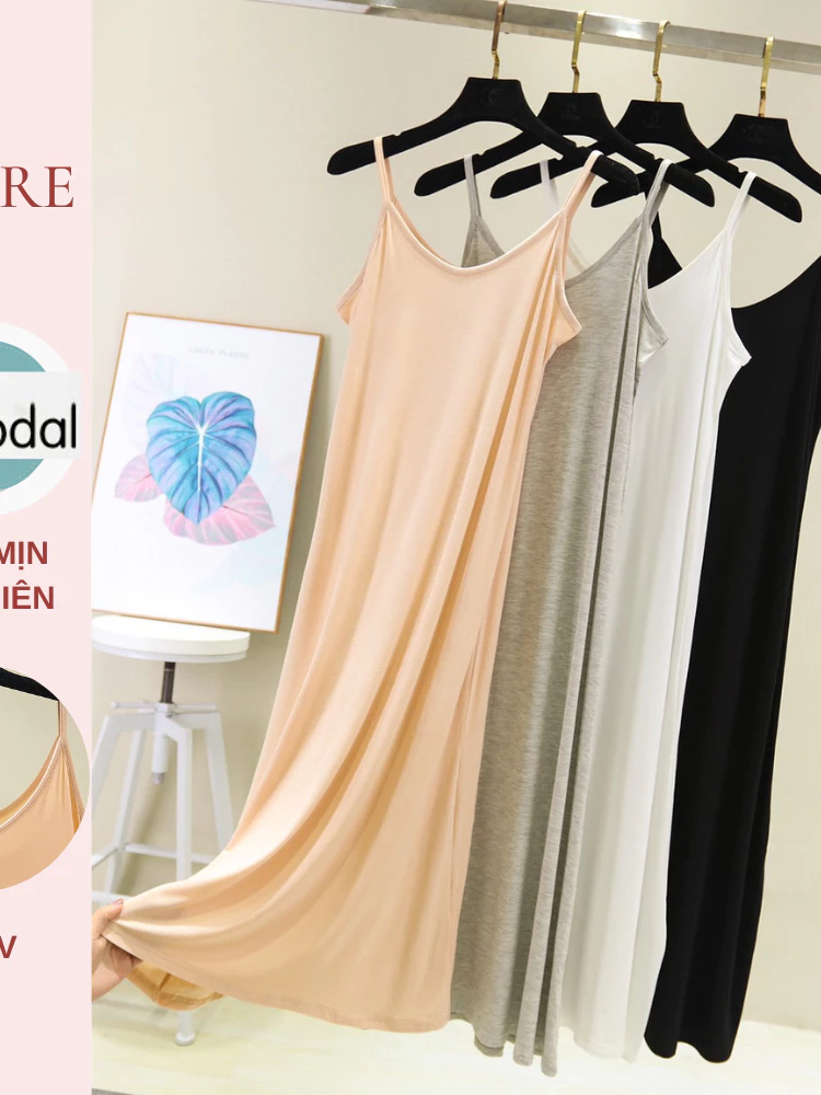 Desire Store, Váy hai dây mặc lót cổ V thun Modal (gỗ sồi) mềm mịn  đầm hai dây mặc lót dáng ôm BTM-1009 image 10 of 30