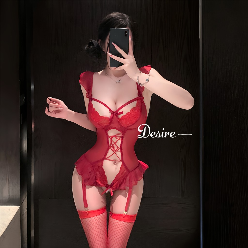 Desire Store, 1517 Bodysuit ren liền thân xẻ đáy đính ngọc trai xuyên thấu cao cấp DESIRE image 2 of 18