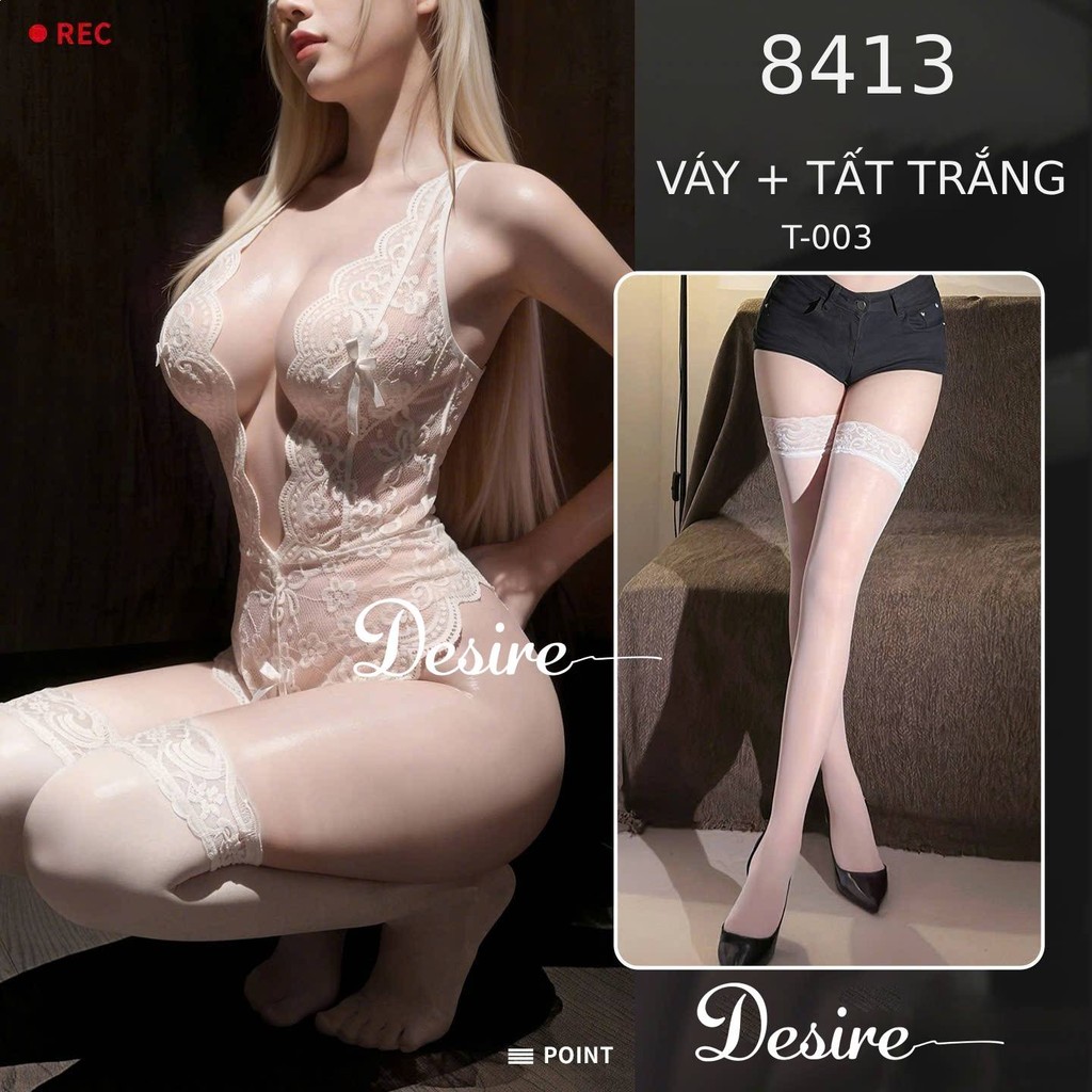 Desire Store, Bodysuit ren Jumpsuit ren váy ren xuyên thấu gợi cảm sexy DESIRE VN-8413 - Trắng + Tất T-003, M image 21 of 34