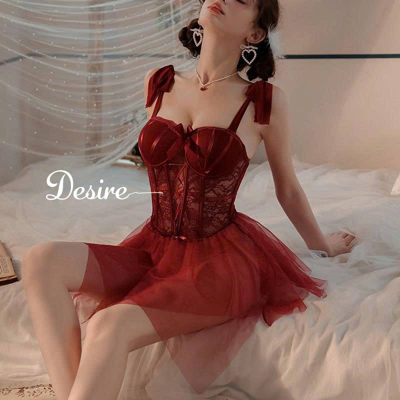 Desire Store, Váy ngủ ren đỏ hai dây cúp ngực sexy kèm quần chip DESIRE- 1059 (Sexy red lace camisole nightdress with matching panties DESIRE-1059) image 5 of 7