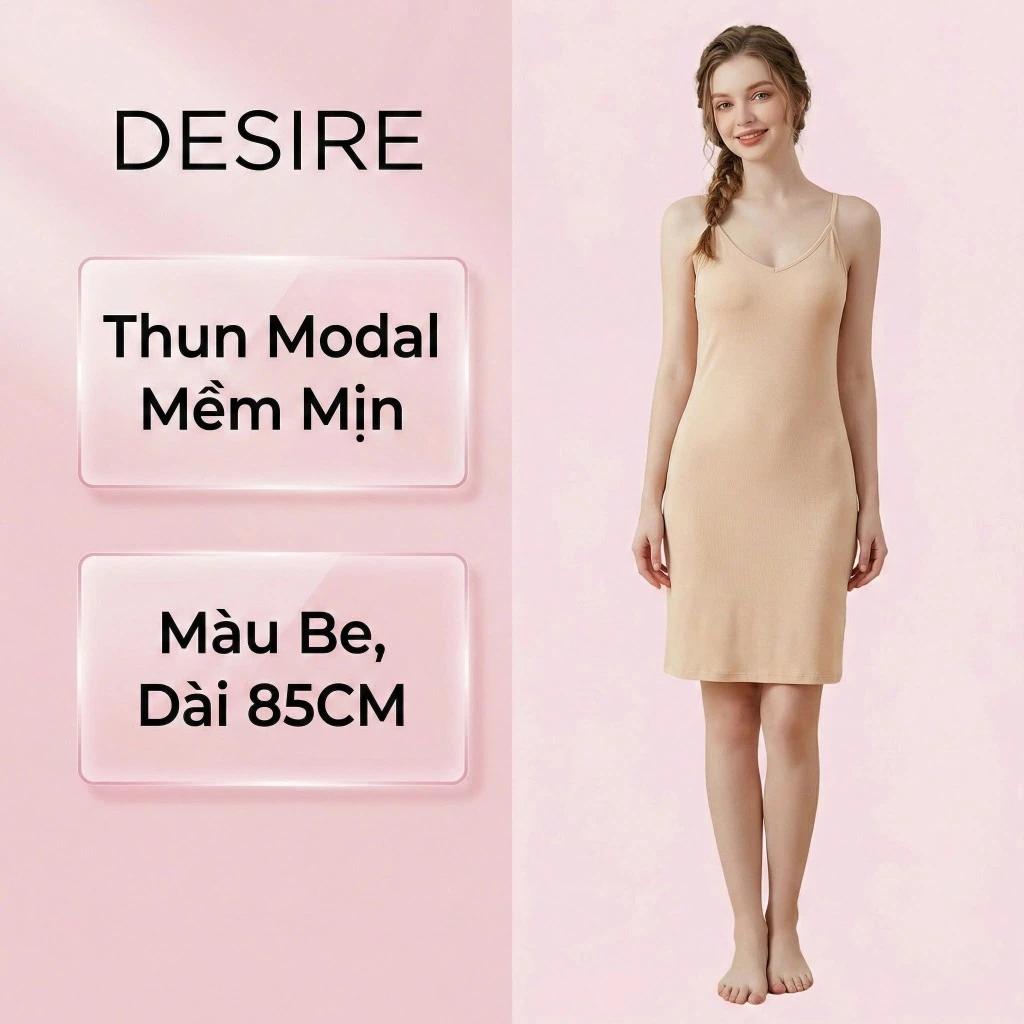 Desire Store, Váy ngủ mặc lót Nữ cổ V chất thun Modal Gỗ sồi cao cấp - Váy hai dây mặc trong mềm mịn dáng ôm DESIRE BTM-1009 - Be ngắn 80cm, XL (56~62kg) image 11 of 21