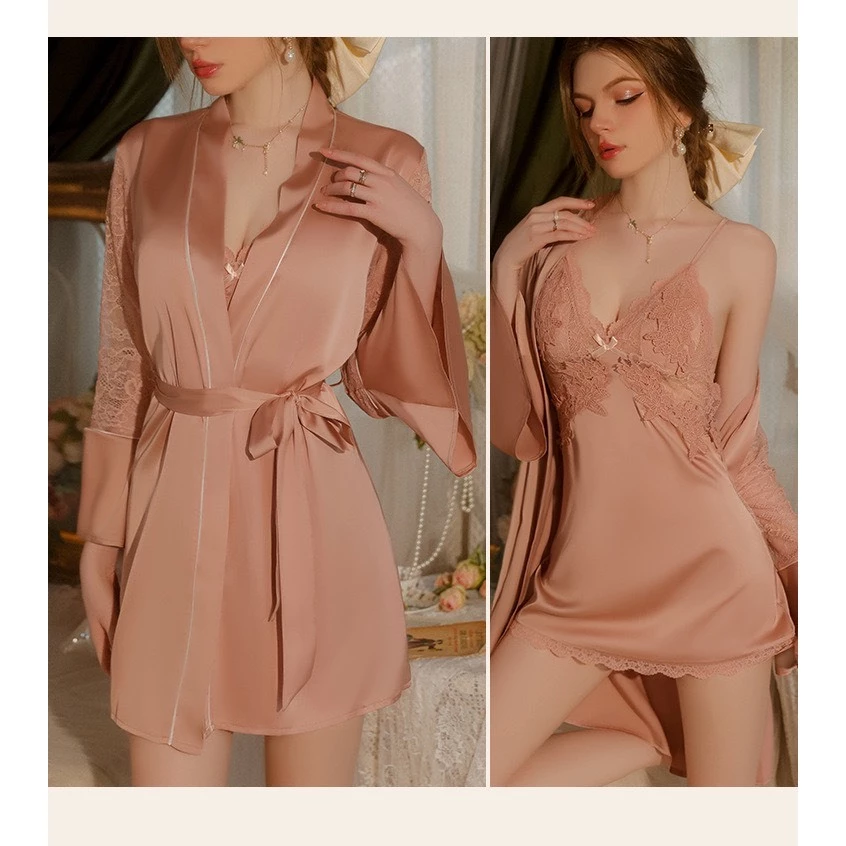 Desire Store, Set Váy ngủ lụa hai dây áo choàng phối ren gợi cảm sexy chính hãng Guiruo QC cao cấp DESIRE VN-1170 - Váy+choàng hồng, L 40-53kg image 9 of 20