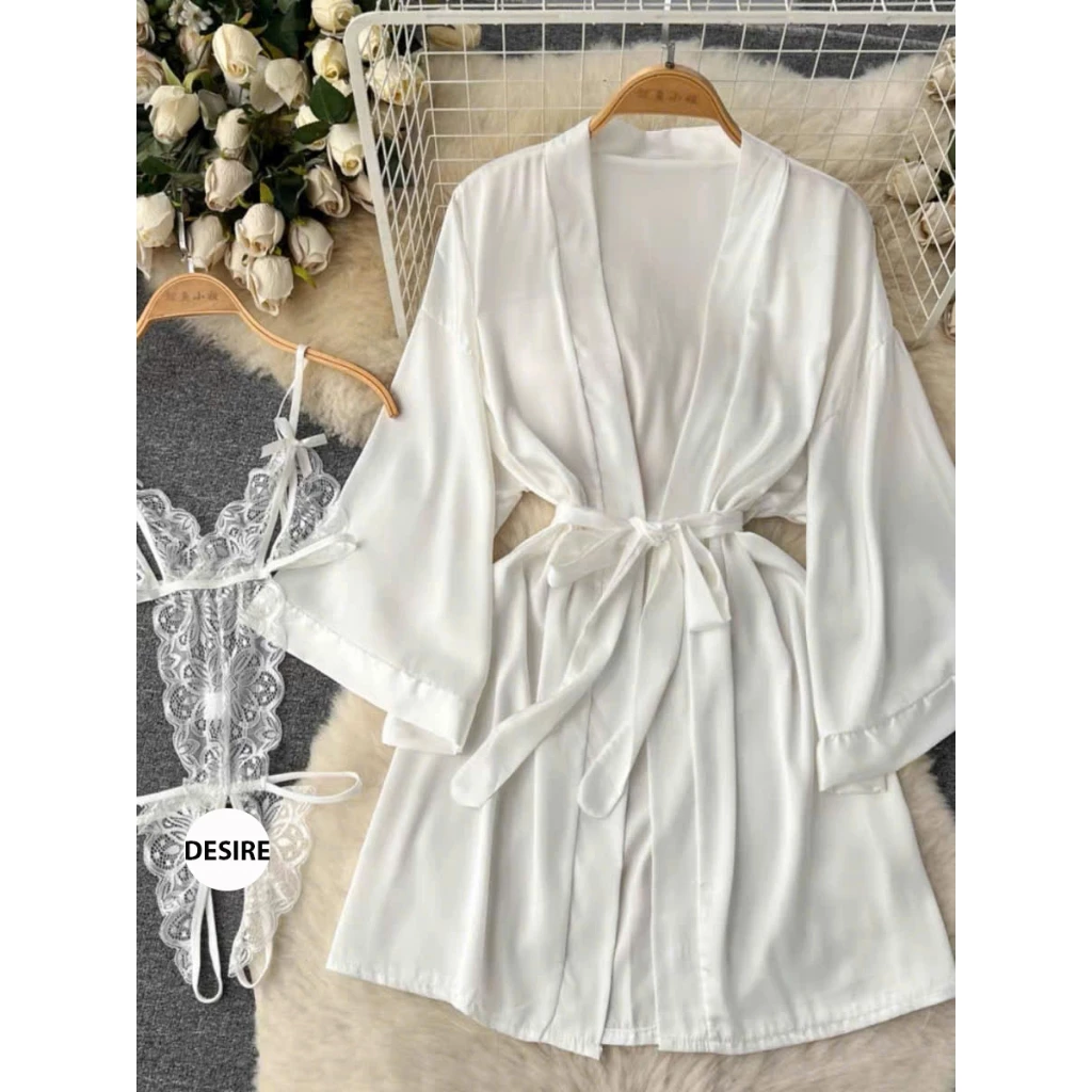 Desire Store, Set đồ lót liền thân ren xẻ đáy và Áo choàng lụa set lót ren gợi cảm sexy VN-8458-1 - Nguyên set trắng, L image 22 of 22