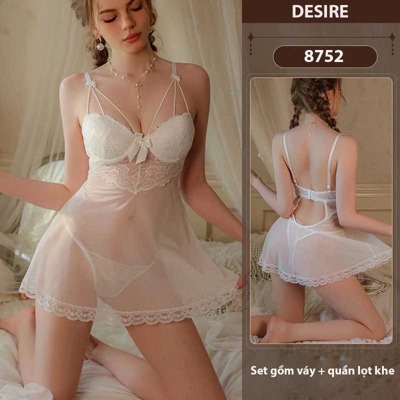 Desire Store, Váy ngủ ren có mút đệm nâng ngực kèm quần chip gợi cảm VN-8752 - Trắng image 8 of 9