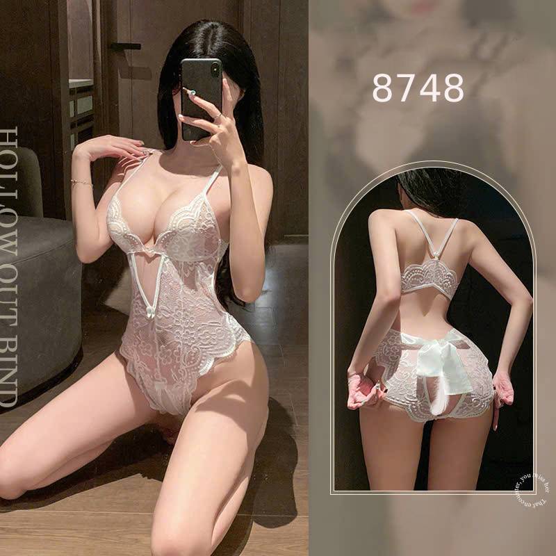 Desire Store, Váy ngủ ren liền thân xẻ đáy cài ngực trước xẻ mông nơ lụa sau gợi cảm sexy DESIRE VN-8748-1 - Trắng, XL image 13 of 13