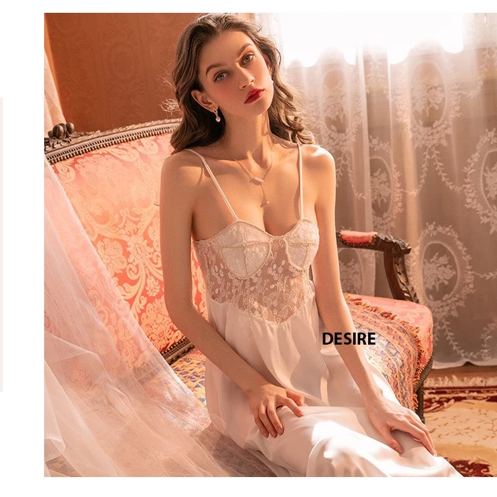 Desire Store, Váy ngủ hai dây lụa cao cấp cup ngực ngang dáng dài kèm chip lọt khe VN-1257 image 3 of 11