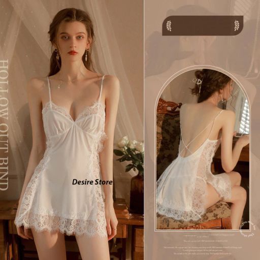 Váy ngủ thun 2 dây phối ren hoa xẻ tà gợi cảm Desire VN-8487 Trắng Freesize (40-63kg) - Available variant
