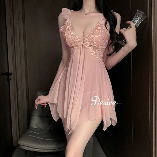 Váy Ngủ Ren Cài Trước Xuyên Thấu Sexy Kèm Quần Chip DESIRE VN-1052 Hồng - Available variant