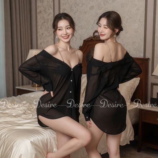 Áo sơ mi ngủ vải voan trễ vai kèm quần chip gợi cảm sexy Desire VN-8476 Đen L (54-68kg) - Available variant