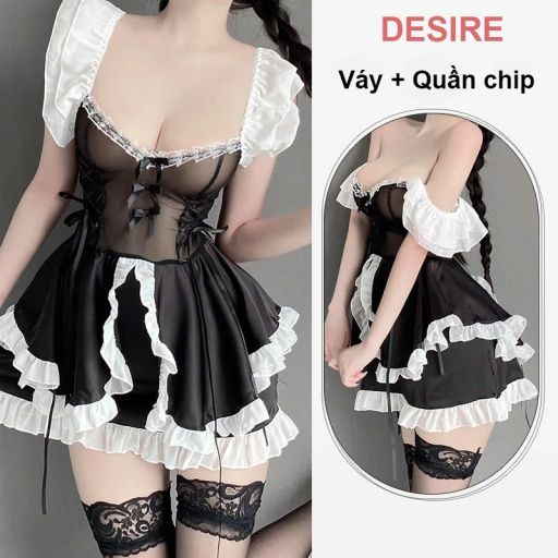 Bộ đồ Cosplay Lolita Cô hầu gái gợi cảm, sexy mềm cao cấp DESIRE VN-2591-1 Set cơ bản Đen M - Available variant