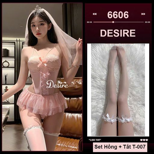 Bộ Bodysuit Cosplay Cô dâu phong cách gợi cảm sexy DESIRE VN-6606 Set Hồng + Tất T-007 - Available variant