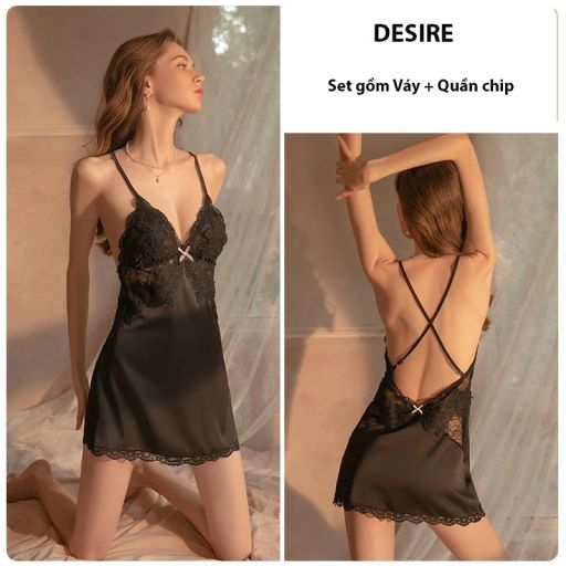 Set Váy ngủ lụa hai dây áo choàng phối ren gợi cảm sexy chính hãng Guiruo QC cao cấp DESIRE VN-1170 Váy Đen + Chip L 40-53kg - Available variant