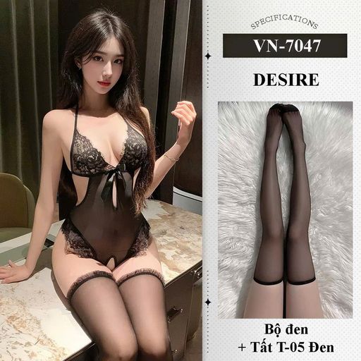 Bodysuit Ren Sexy Gợi Cảm - Đồ Ngủ Liền Thân Ren Hở Lưng Quyến Rũ Cao Cấp DESIRE VN-7047 Đen có tất - Available variant