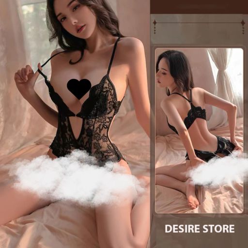 Váy ngủ ren liền thân xẻ đáy cài ngực trước xẻ mông nơ lụa sau gợi cảm sexy DESIRE VN-8748 ĐEN L - Available variant