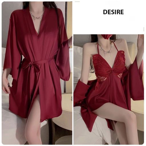 Set váy ngủ lụa và áo choàng phối ren khoét lưng gợi cảm  hàng loại 1 chính hãng GUIRUO DESIRE VN-3945 Set váy + choàng đỏ M - Available variant