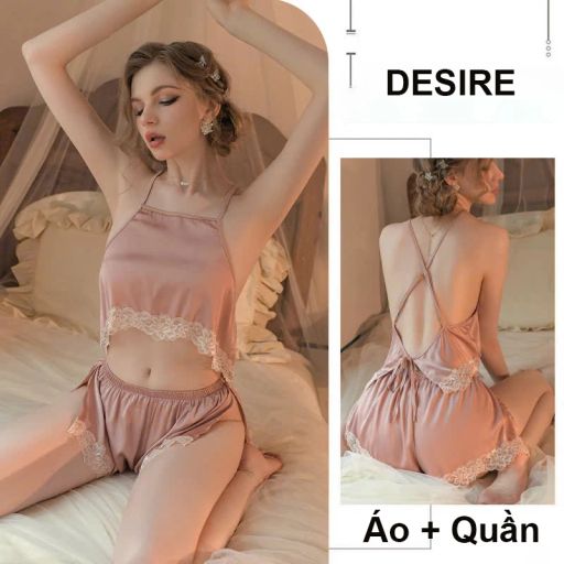 Bộ đồ ngủ lụa phối ren cao cấp dáng yếm cột hai dây gợi cảm mát mịn mùa hè DESIRE VN-2018 Hồng - Available variant