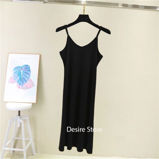 Váy hai dây mặc lót cổ V thun Modal (gỗ sồi) mềm mịn  đầm hai dây mặc lót dáng ôm BTM-1009 Đen ngắn 80cm M (40~49kg) - Available variant