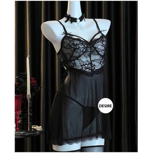 Váy ngủ ren xuyên thấu cut out lưng sexy kèm quần chip ren VN-8449 Váy đen + chip L (54-65kg) - Available variant