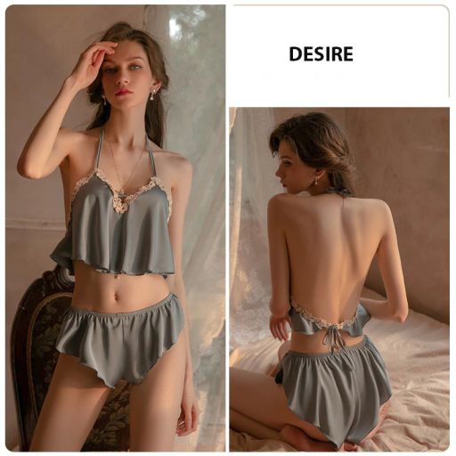Đồ bộ ngủ lụa cao cấp hai dây yếm cột dây gợi cảm mát mịn mùa hè VN-705 Xanh - Available variant