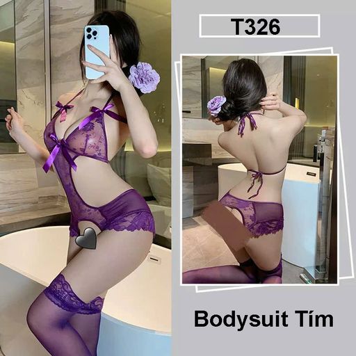Bodysuit ren - Váy Ngủ liền thân Hoa Xuyên Thấu Hở Sườn Thắt Nơ Sexy T326 Bộ tím - Available variant