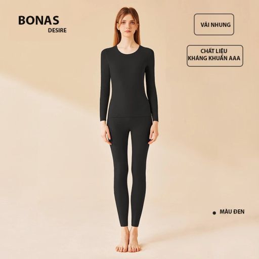 Đồ Bộ giữ nhiệt lót nhung hai mặt chính hãng BONAS cao cấp siêu nhẹ ôm body cổ tròn AGN-003 Nguyên bộ Đen M - Available variant