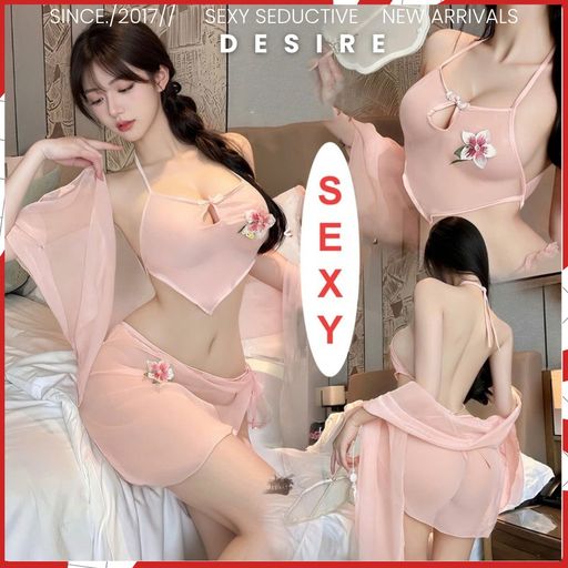Desire Store, Set Váy Ngủ Yếm Thêu Hoa 3 Món Chất Voan - Đồ Ngủ Sexy Cách Tân Xuyên Thấu DESIRE VN-6724 - 200.000 ₫