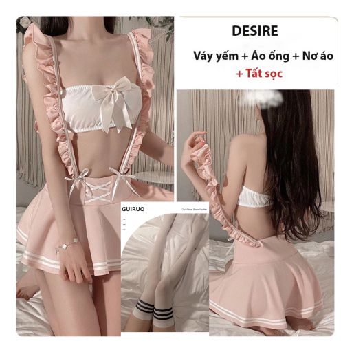 Bộ đồ ngủ hoá trang cosplay CÔ NỮ SINH QUYẾN RŨ chính hãng Guiruo QC loại 1 gợi cảm DESIRE VN-1577 Hồng + Tất sọc - Available variant