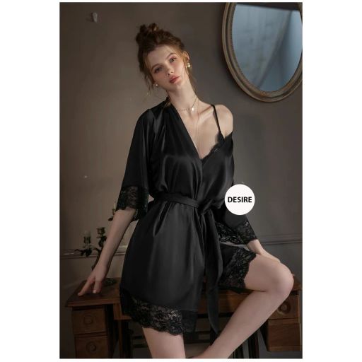 Set Váy và áo choàng ngủ lụa Satin cao cấp mềm mại VN-245 Set đủ 3 món Đen M - Available variant