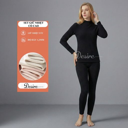 Bộ Giữ Nhiệt Nữ Cổ Cao Dày Ấm Áp Vải Nhung Lót Len Cashmere AGN-003 Màu Đen cổ cao 3XL - Available variant