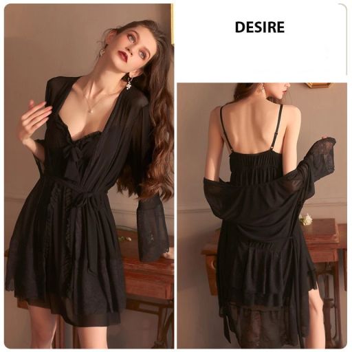 Set váy ngủ nữ ren lưới nhiều lớp cao cấp phong cách tiểu thư sang trọng gợi cảm sexy Desire VN-1256 Set đen M - Available variant