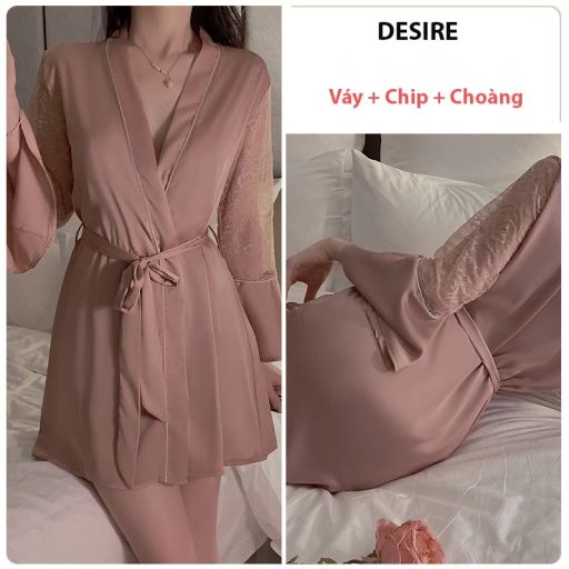 Váy ngủ lụa Đầm ngủ hai dây áo choàng lụa phối ren gợi cảm sexy chính hãng Guiruo QC cao cấp DESIRE VN-1170-1 Váy + choàng hồng L - Available variant