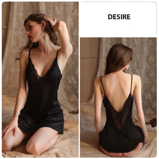 Váy ngủ lụa cổ V mềm mịn hàng chính hãng GUIRUO form chuẩn sexy Desire VN-1906 Váy Đen XL - Available variant