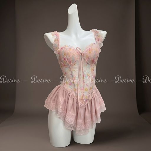 Váy ngủ tiểu thư - Đầm ngủ hoa nhí hai dây corset cúp ngưc kèm chip và đai sexy, gợi cảm DESIRE 1208 Hồng đậm (ko tất) M (40-53Kg) - Available variant
