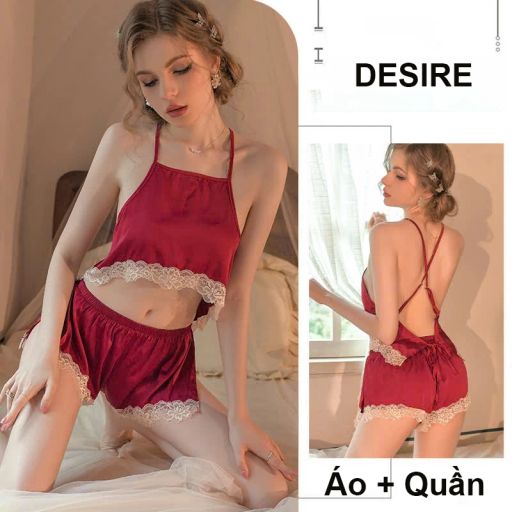 Bộ đồ ngủ lụa phối ren cao cấp dáng yếm cột hai dây gợi cảm mát mịn mùa hè DESIRE VN-2018 Đỏ - Available variant