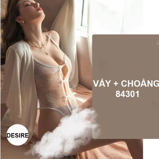 Bộ đồ ngủ liền thân bodysuit ren xẻ đáy gợi cảm DESIRE VN-8430-2 Trắng + Choàng L - Available variant