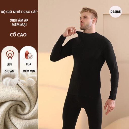 Đồ bộ giữ nhiệt nam lót Len Cashmere cổ cao ấm áp mùa đông cao cấp siêu nhẹ dành cho nam giới DGN-03 Đen cổ cao XL - Available variant