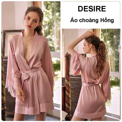 Áo choàng ngủ lụa tay phối ren choàng cô dâu Bride satin cao cấp VN-1001 Hồng Freesize 40-68kg - Available variant