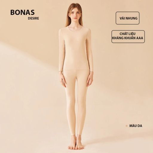 Đồ Bộ giữ nhiệt lót nhung hai mặt chính hãng BONAS cao cấp siêu nhẹ ôm body cổ tròn AGN-003 Nguyên bộ Da M - Available variant