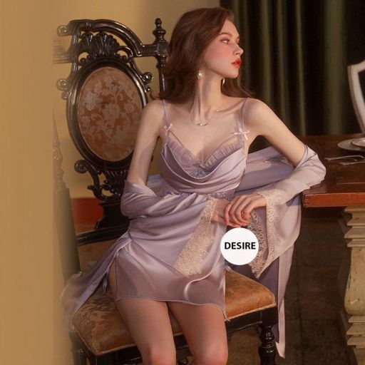 Desire Store, Set Váy ngủ lụa hai dây và Áo choàng cao cấp Đầm ngủ hai dây lụa phối ren gợi cảm sexy VN-2063 - 199.000 ₫