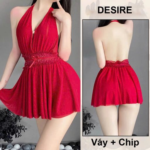 Váy ngủ Đầm ngủ ren phối kiểu dáng yếm kèm chip DESIRE VN-1026 Đỏ - Available variant