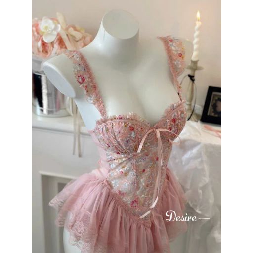 Váy ngủ tiểu thư - Đầm ngủ hoa nhí hai dây corset cúp ngưc kèm chip và đai sexy, gợi cảm DESIRE 1208 Hồng đậm (ko tất) M (40-53Kg) - Available variant