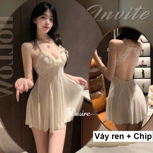 Váy ngủ lưới phối ren bèo hoa trước ngực kèm chip DESIRE VN-1122 Váy + chip - Available variant