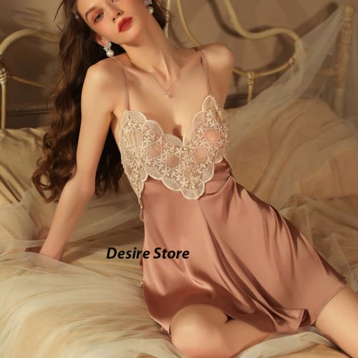 Váy ngủ nữ lụa phối ren hoa phong cách hai dây phối sexy gợi cảm VN-1854 Hồng M - Available variant