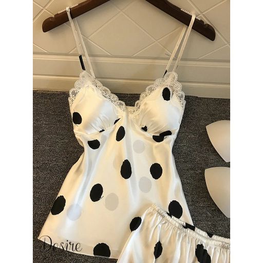 Sexy Silk Pajamas Đồ bộ lụa gợi cảm DBN-0014 Trắng chấm bi đen L 52-58kg - Available variant
