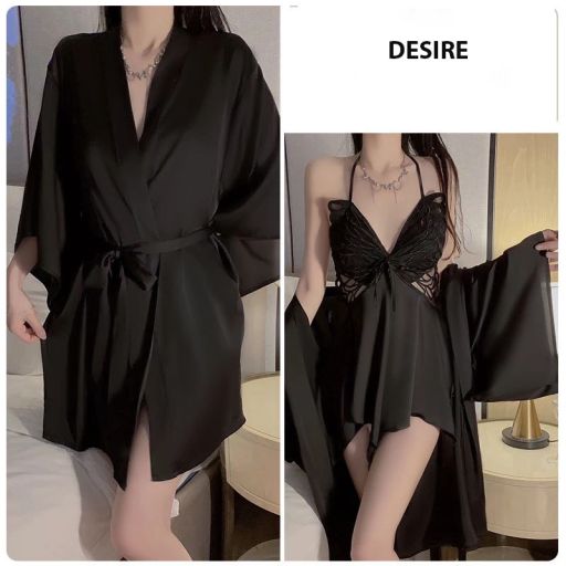 Set váy ngủ lụa và áo choàng phối ren khoét lưng gợi cảm  hàng loại 1 chính hãng GUIRUO DESIRE VN-3945 Set váy + choàng đen M - Available variant