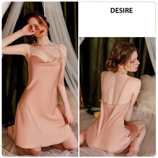 Váy ngủ lụa hai dây cổ đổ gợi cảm Desire VN-1477 Váy hồng nude M( 48-54kg) - Available variant